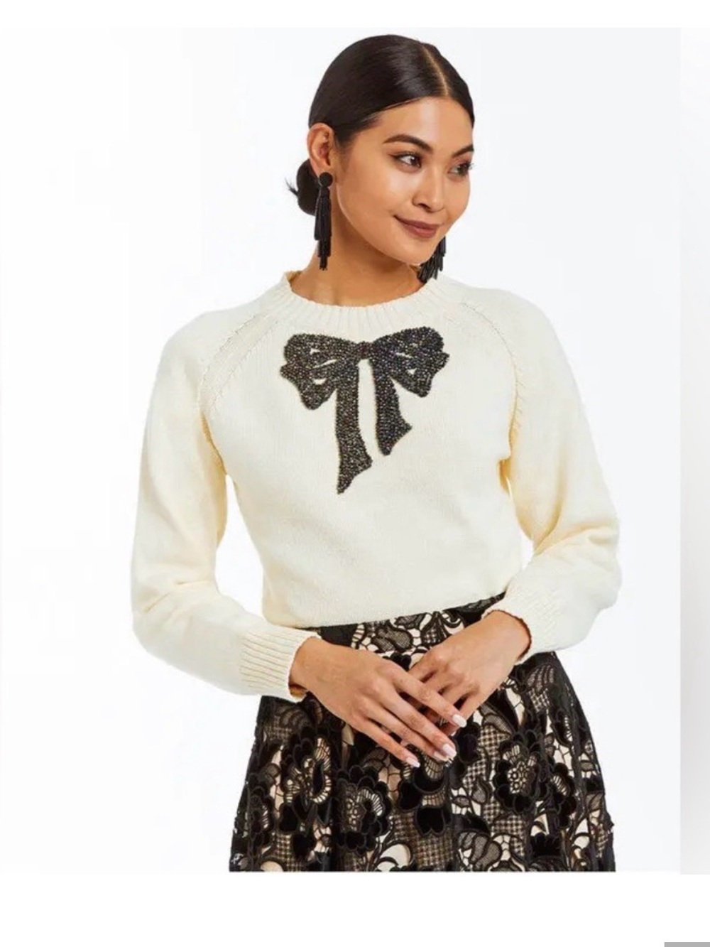 Mestiza New York Cream Glass Beaded Bow Sweater Medium